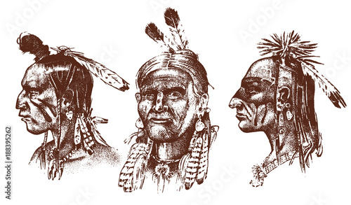 Native American Indian man with headdress and feathers. North or west head mascot of Sioux. traditional culture. half-face, engraved hand drawn realistic in old sketch, vintage style.