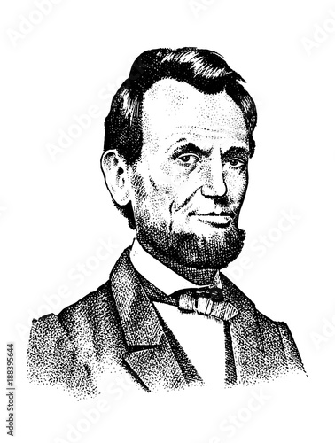 Abraham Lincoln portrait, 16th USA President. gentleman engraved hand drawn realistic in old vintage sketch.