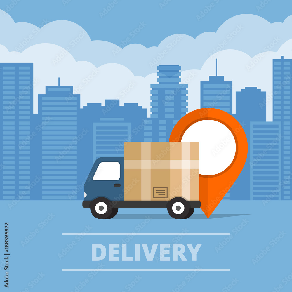 Delivery service. Delivery truck  on city background. Flat style, vector illustration.