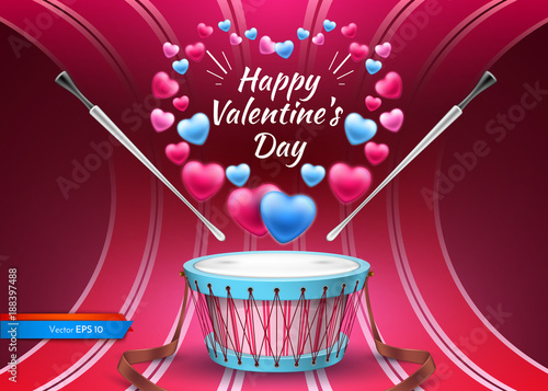 Valentine day card with drum Vector realistic. Colorful hearts backgrounds