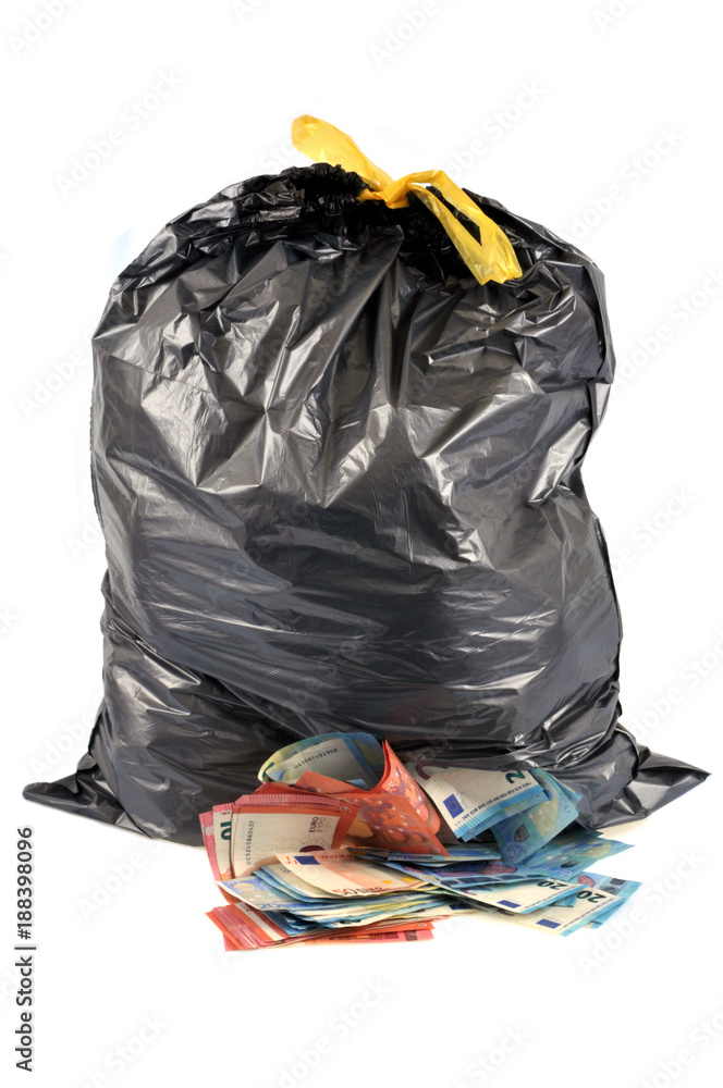 Sac poubelle rempli de billets de banque Photos | Adobe Stock