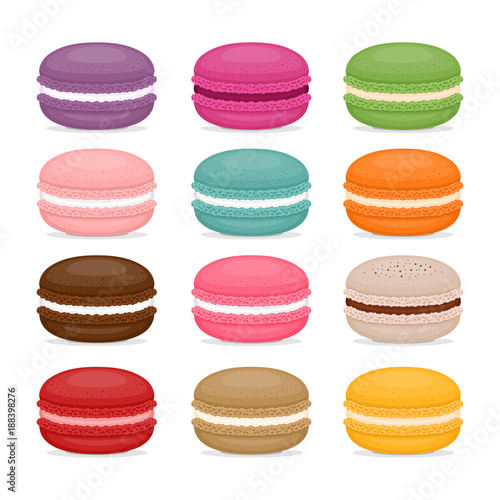 Different types of macaroons. Set of different taste cake macarons. Flat style, vector illustration.