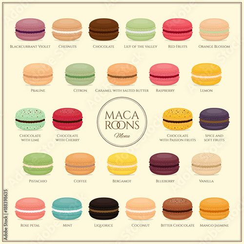 Different types of macaroons. Macaroons  menu. Set of different taste cake macarons. Flat style, vector illustration.