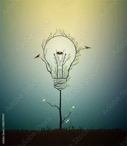 lightbulb created from the leaves and looks like spring tree growing on soil with birds and nest, green energy concept,
