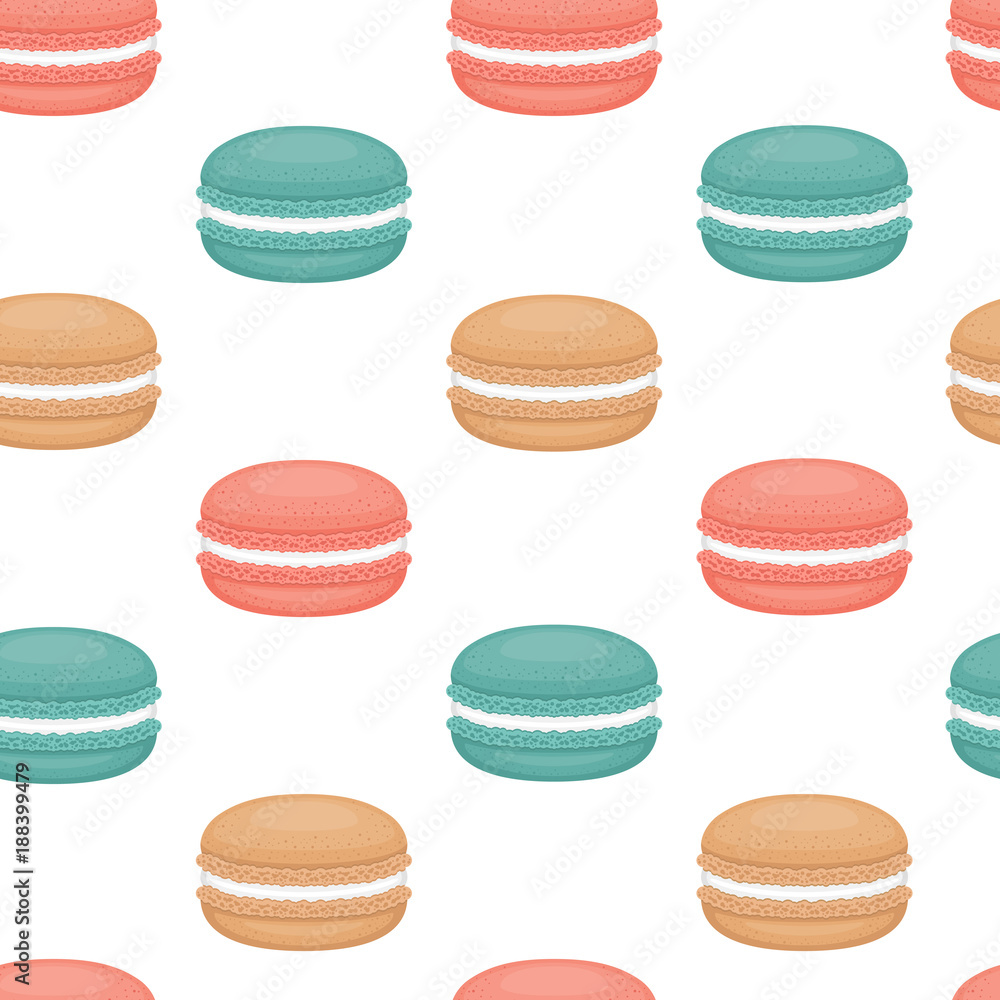 Seamless pattern with macaroons. Colorful macarons cake. Flat style, vector illustration.