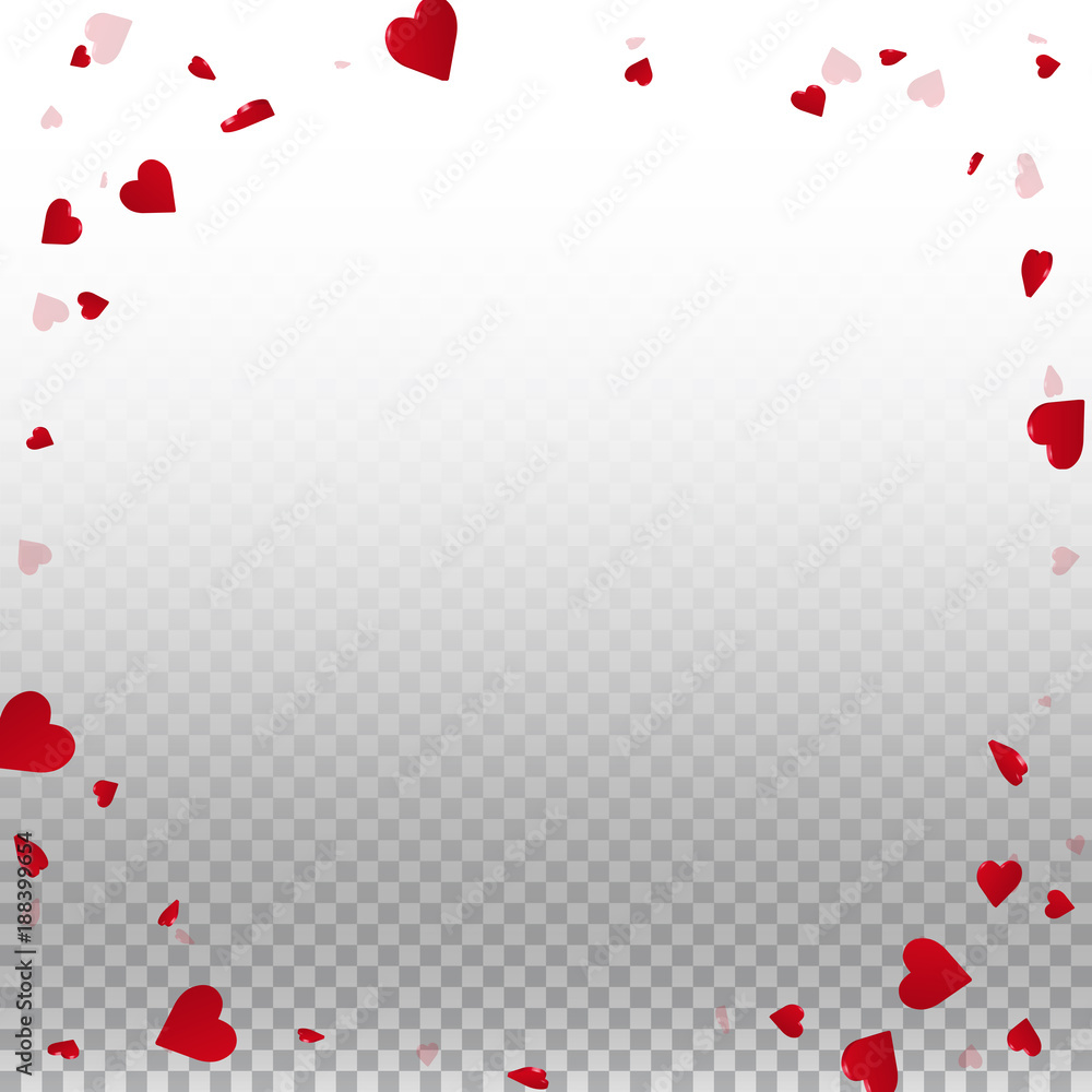 3d hearts valentine background. Corner frame on transparent grid light background. 3d hearts valentines day fair design. Vector illustration.