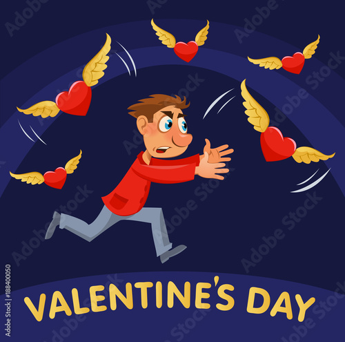 Valentines day. Cartoon man trying to catch flying hearts. Cartoon styled vector illustration on dark background. Elements is grouped. No transparent objects.