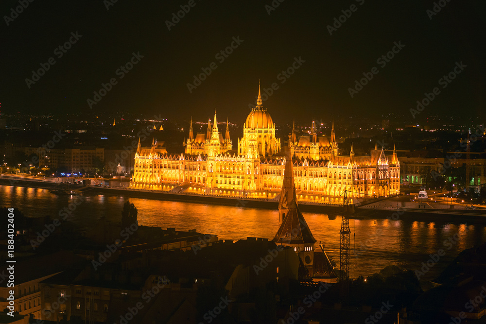 Building of Hungarian Parliament in Budapest at night.