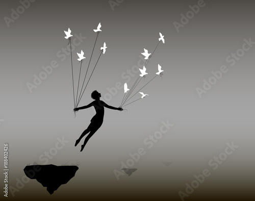 boy is flying rock and holding pigeons on flying rock, little prince, fly in the dream, shadows, life on flying rock,