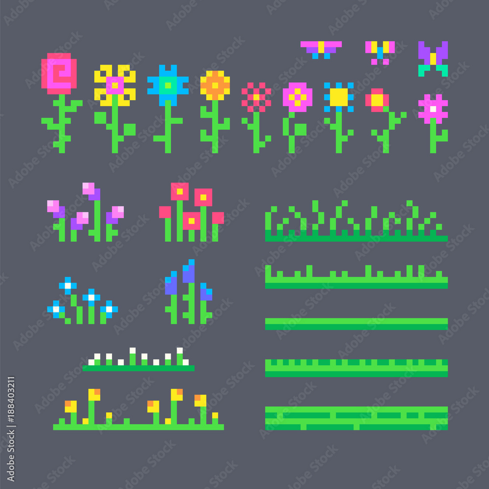 Fototapeta premium Pixel set of different flowers