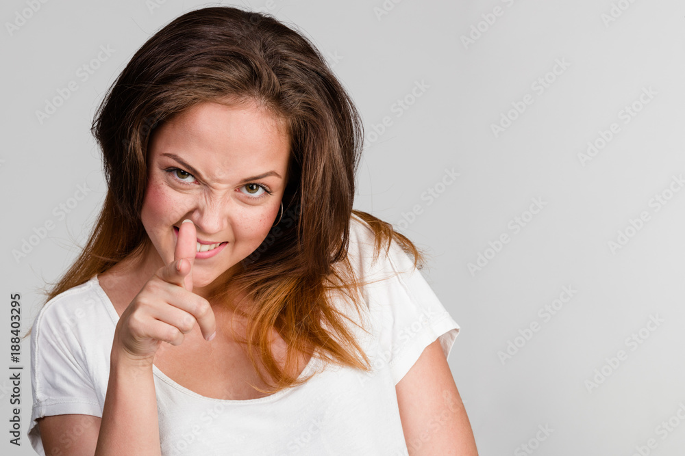 brunette with smile and emotion finger up brunette with smile and emotion finger up