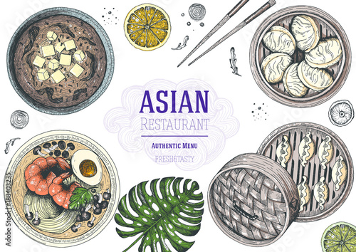 Asian food top view. Asian cuisine menu design template. Cartoon style. Colored dish set.