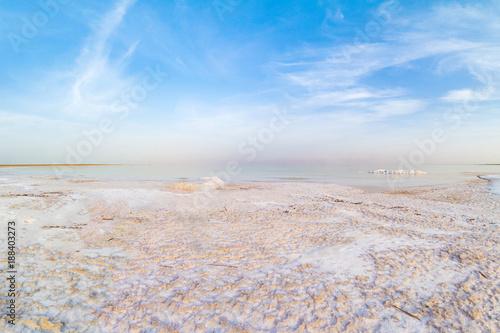 Salty coast of the Dead Sea.