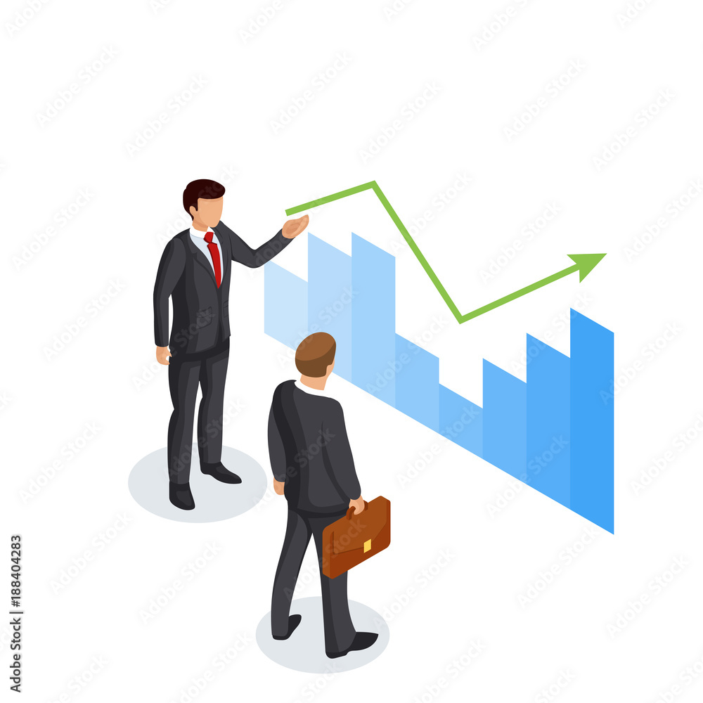Concept of presentation of the income growth schedule for a businessman. Two businessmen or managers discuss the business development scheme isolated on white background. Concept of presentation of the income growth schedule for a businessman. Two businessmen or managers discuss the business development scheme isolated on white background.