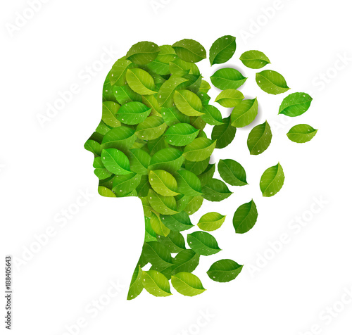 rejuvenale the face skin concept, woman profile created from the fresh green leaves on the white background, fresh day idea, think green concept,