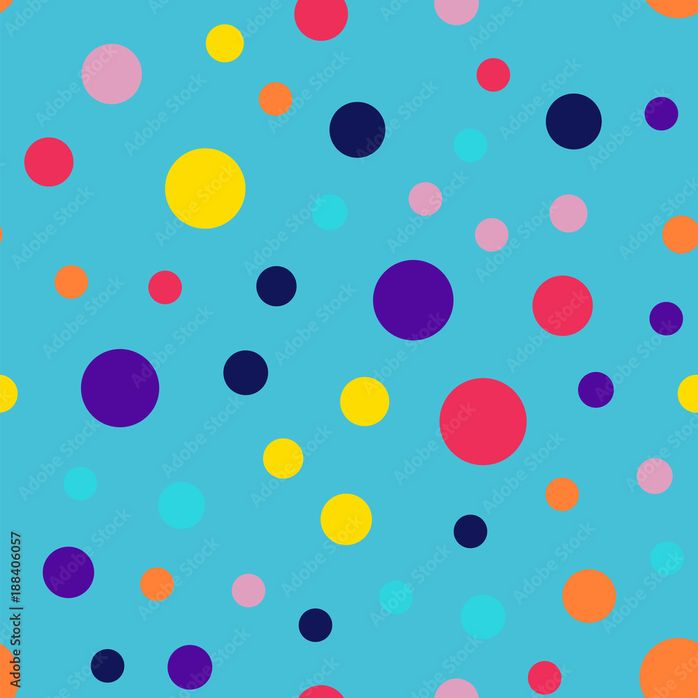 Memphis style polka dots seamless pattern on blue background. Marvelous modern memphis polka dots creative pattern. Bright scattered confetti fall chaotic decor. Vector illustration.