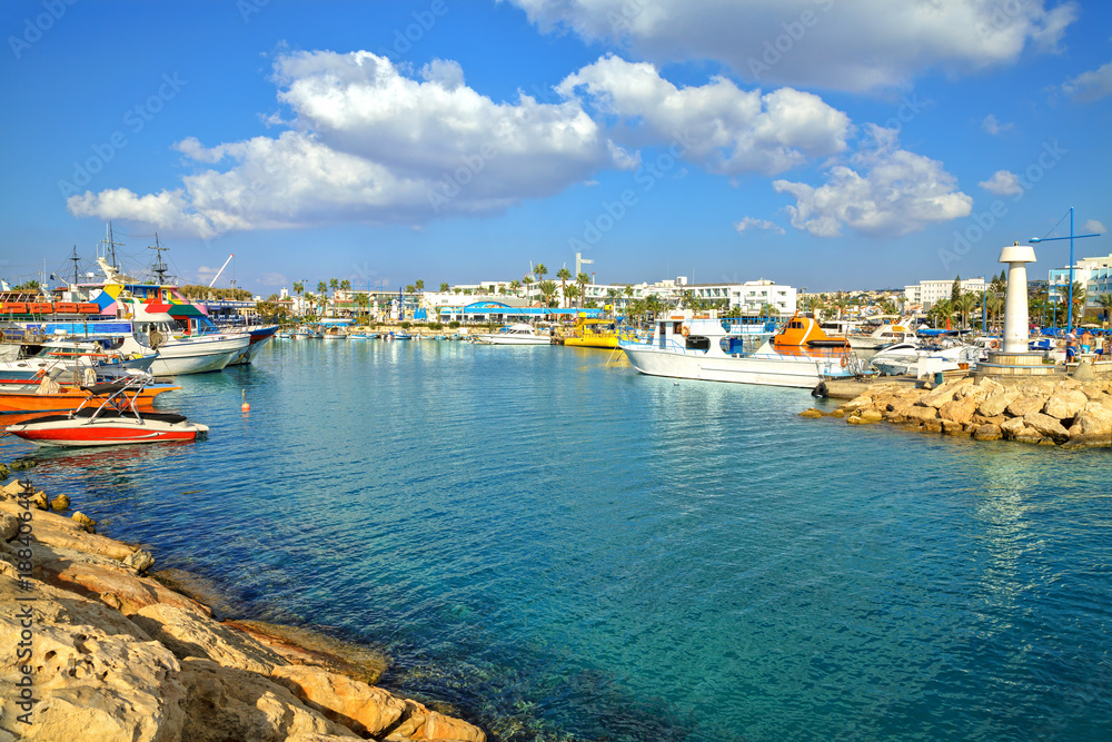 Fishing boats and yachts in harbor of Ayia Napa, Cyprus.