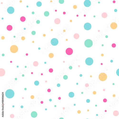 Colorful polka dots seamless pattern on white 3 background. Nice classic colorful polka dots textile pattern. Seamless scattered confetti fall chaotic decor. Abstract vector illustration.