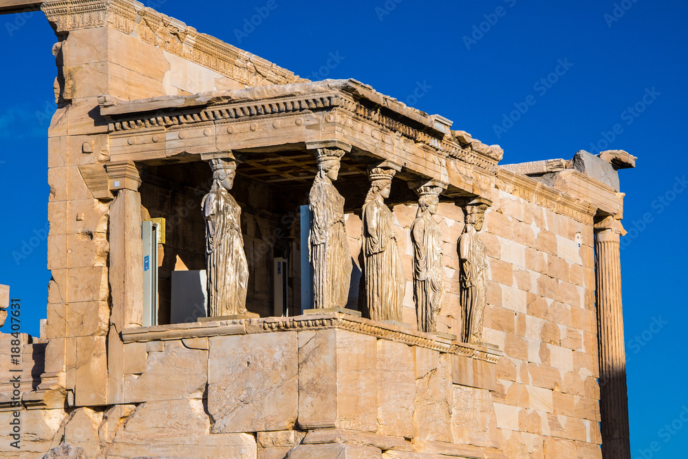 The Caryatids of the Erechtheion. A caryatid is a sculpted female figure serving as an architectural support taking the place of a column or a pillar supporting an entablature on her head