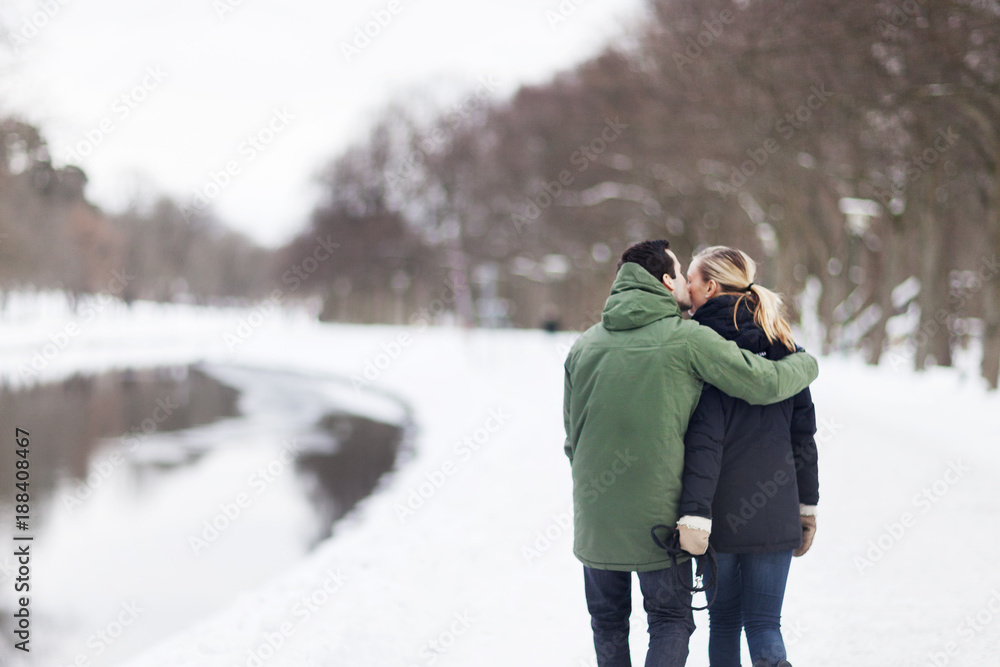 Rear view of young couple embracing and walking in winter park Rear view of young couple embracing and walking in winter park