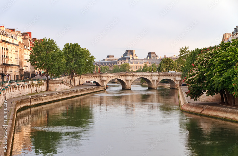 View of Pont Neuf and Seine embankment at spring morning in Paris, France.