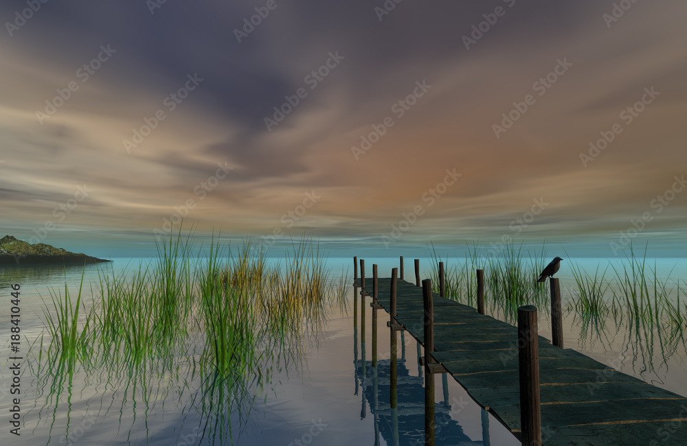 Lake wood dock on  in late afternoon, 3d rendering