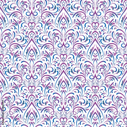 Symmetric seamless violet pattern. Decorative background in Baroque style. The rich decor of the shapes and lines for design of cloth or paper. Vector illustration.