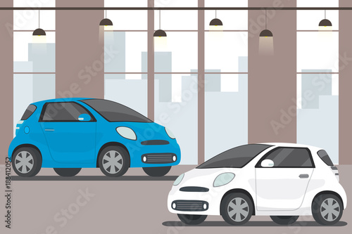 Modern cars in showroom,flat interior,