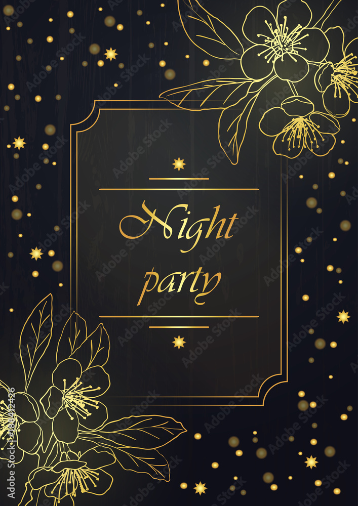 Obraz premium card with stylized cherry blossom . golden blooming cherry in the night sky. lights and stars.