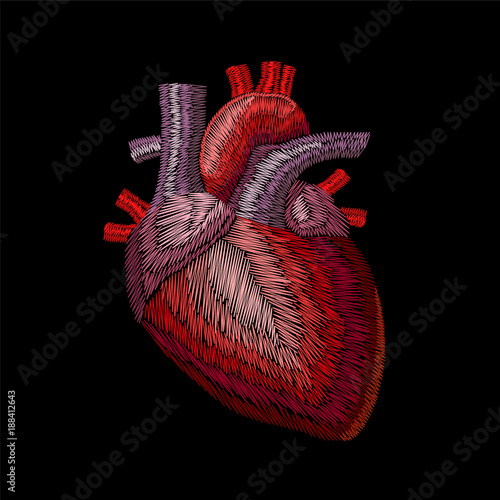 Embroidery crewel human anatomic heart medicine organ. Red stitch embroidered design texture detailed patch. Fashion decoration template vector illustration