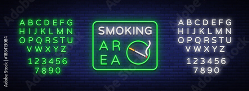 Smoking area is a vector neon sign. Neon symbol, a luminous sign is a place for smoking. Bright sign, luminous banner. Editing text neon sign. Neon alphabet