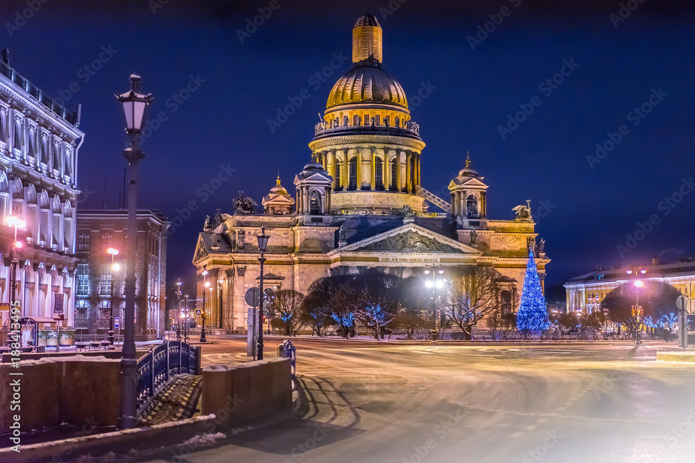 Winter view of St. Isaac's Cathedral in St. Petersburg. Russia. Night Petersburg.