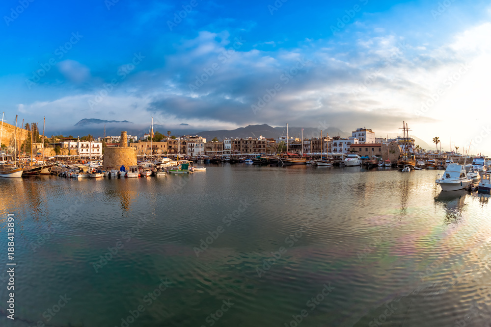 Scenic view of historic harbor and the old town in Kyrenia (Girne). Cyprus