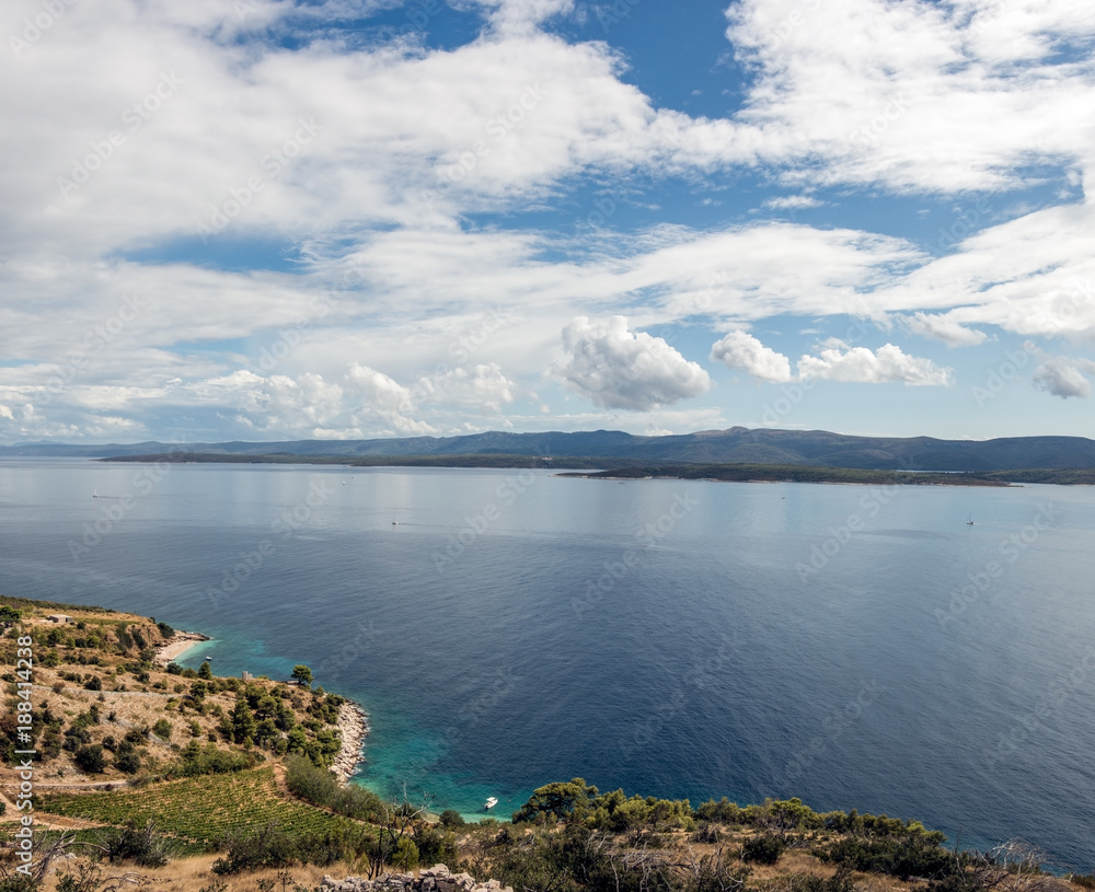 Panoramic view of bays with wild beaches on the shores of the Adriatic Sea on the island of Brac