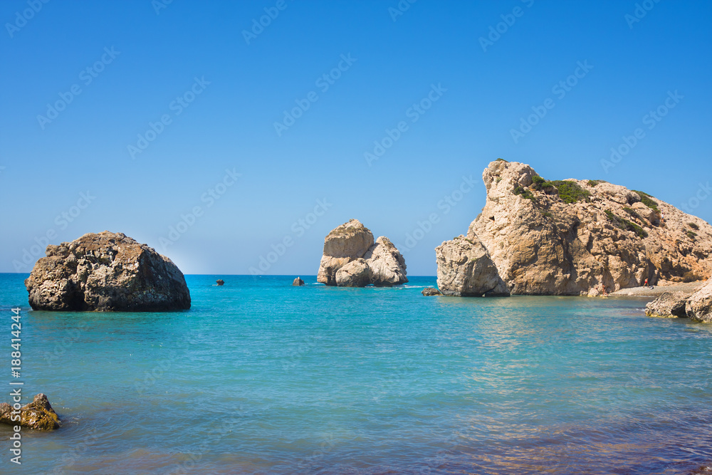 Love beach. Aphrodite's Rock - Aphrodite's birthplace near Paphos City. The rock of the Greek (Petra tou Romiou). Cyprus island Love beach. Aphrodite's Rock - Aphrodite's birthplace near Paphos City. The rock of the Greek (Petra tou Romiou). Cyprus island