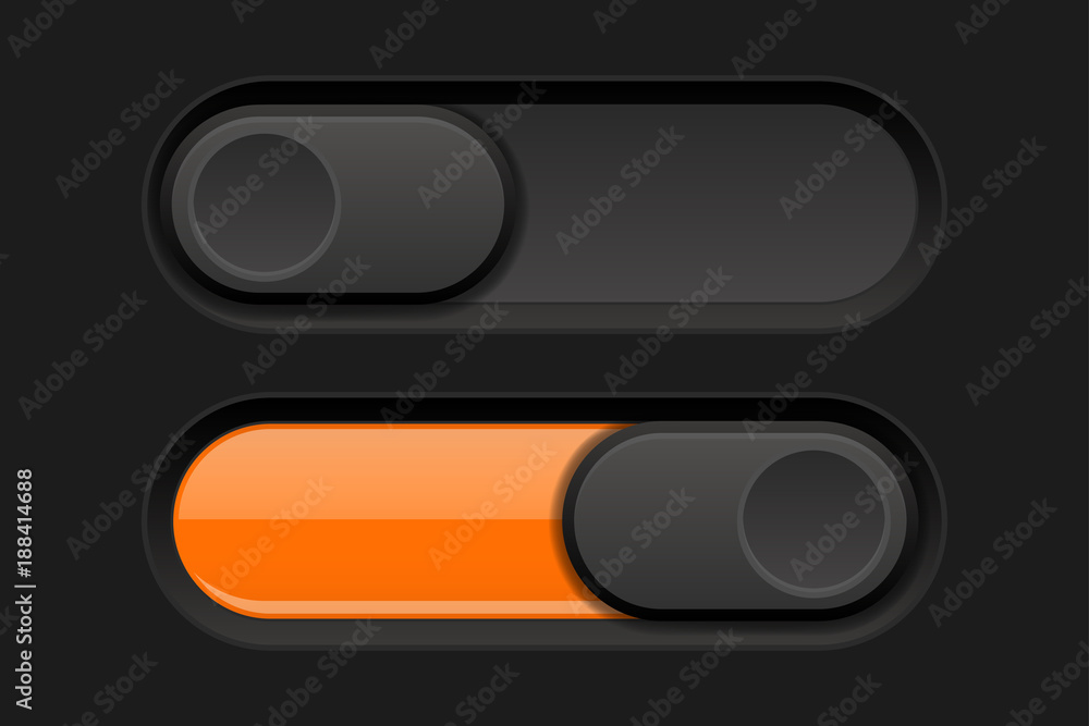 On and Off long oval icons. Black and orange switch interface buttons On and Off long oval icons. Black and orange switch interface buttons