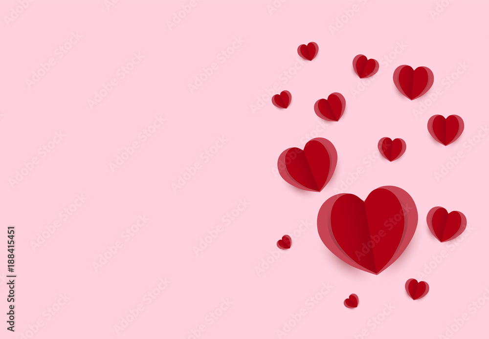 Heart valentine pink background paper art, paper craft style illustration