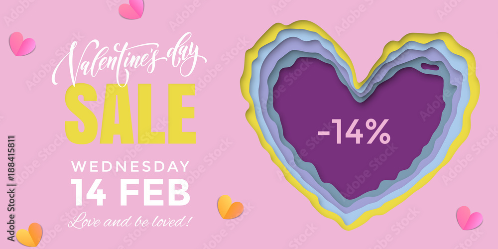 Valentines Day sale banner design template of heart papercard on pink background. Vector 14 February Valentine day holiday sale promo offer discount for fashion shop