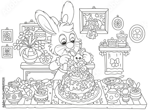 Little bunny decorating a fancy cake to Easter, a black and white vector illustration in funny cartoon style for a coloring book