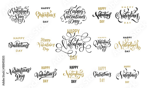 Valentine Day greeting card calligraphy golden text for greeting card design template. Vector Happy Valentines Day black ornate lettering on white background for 14 February Valentine holiday