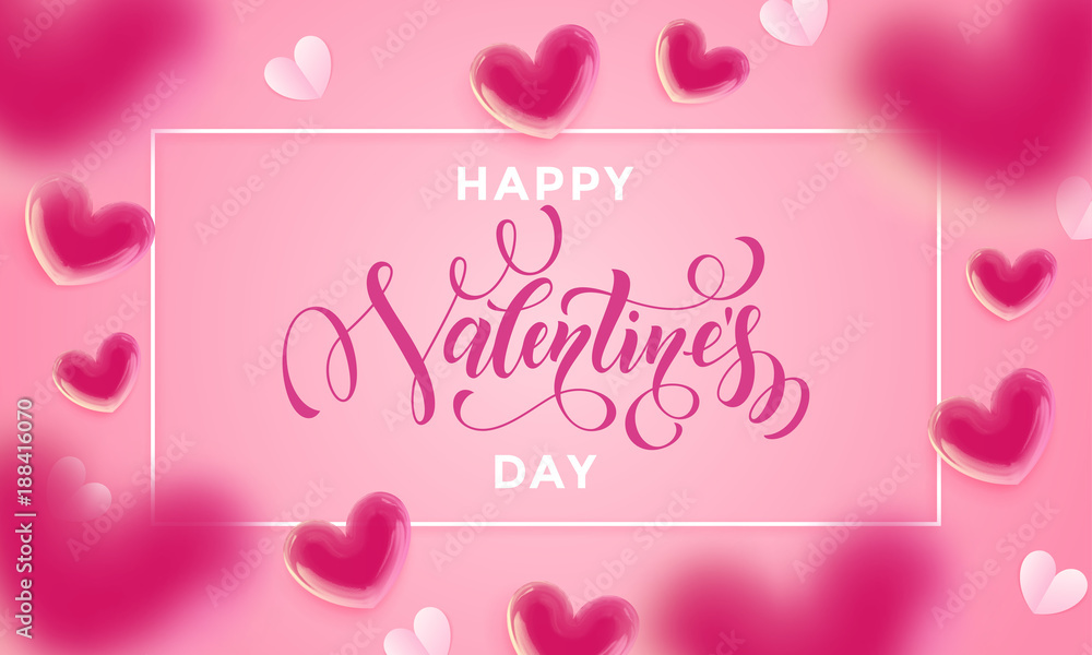 Valentines day lettering text greetign card of valentine hearts pattern on pink background. Vector Happy Valentines day greeting card design template of glossy balloon hearts