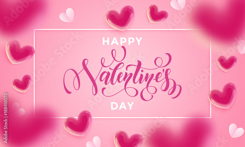 Valentines day lettering text greetign card of valentine hearts pattern on pink background. Vector Happy Valentines day greeting card design template of glossy balloon hearts