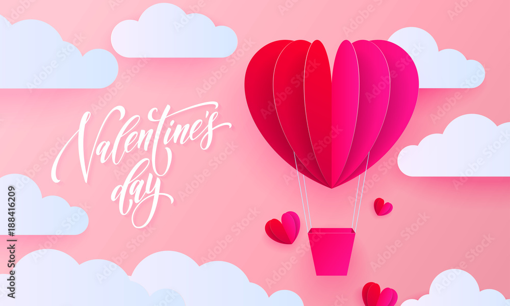 Valentines day greeting card of valentine paper art heart balloon with gift box on white cloud pattern background. Vector Happy Valentines Day 14 February holiday text lettering modern trendy design