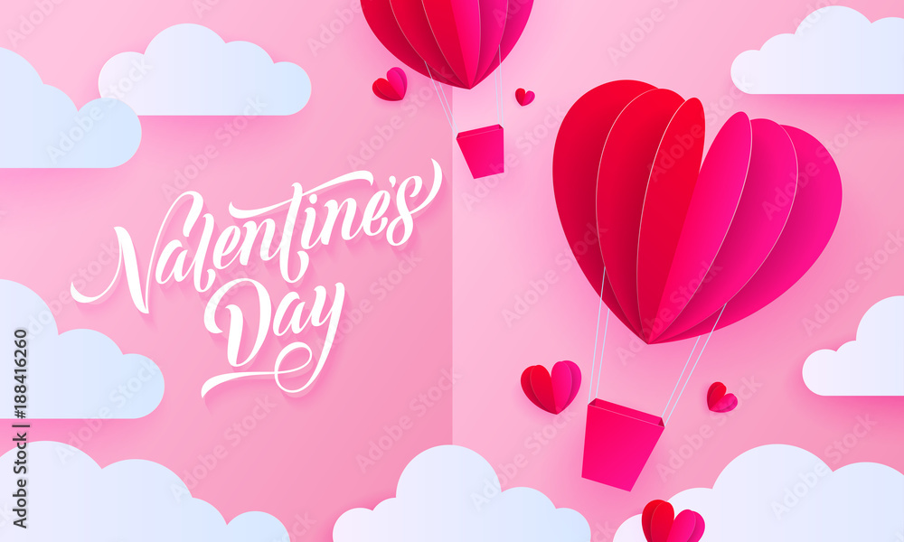 Valentines day paper art greeting card of valentine heart hot air balloon with gift box on white cloud pattern background. Vector Happy Valentines Day 14 February holiday text lettering trendy design