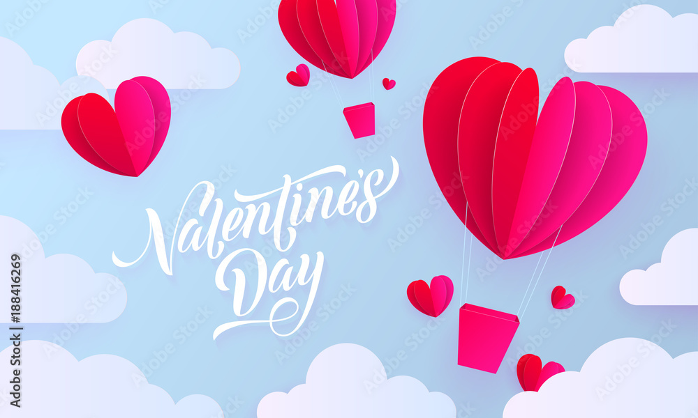 Valentines day paper art greeting card of valentine heart hot air balloon on blue sky and white cloud pattern background. Vector Happy Valentines Day 14 February holiday text lettering trendy design