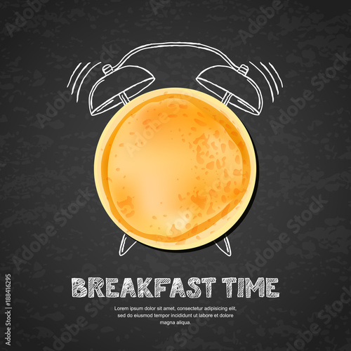 Tasty pancake, letters and hand drawn watercolor alarm clock on textured black board slate background. Vector design for breakfast menu, cafe, restaurant. Fast food background.