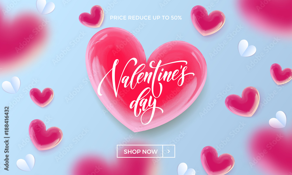 Valentines day sale poster or banner of valentine red heart on blue light pattern background. Vector Valentines day holiday shop discount promo design template of glossy crystal heart