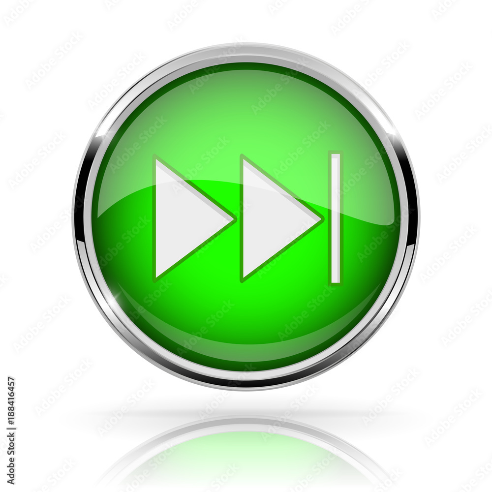 Green round media button. FAST FORWARD button. Shiny icon with chrome frame and with reflection Green round media button. FAST FORWARD button. Shiny icon with chrome frame and with reflection