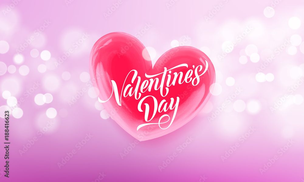 Happy Valentines day lettering text and valentine red crystal heart for greeting card background. Vector Valentines day greeting card design template of pink shining light Happy Valentines day lettering text and valentine red crystal heart for greeting card background. Vector Valentines day greeting card design template of pink shining light
