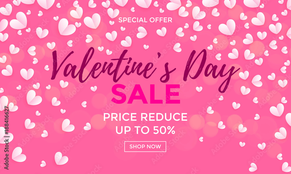 Valentines day sale poster or banner for Valentine holiday shop seasonal discount offer. Vector design template of white hearts pattern on pink background